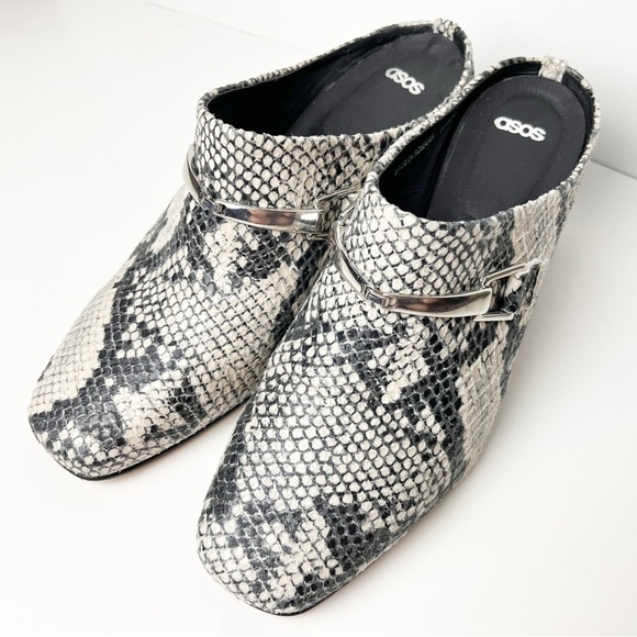 ASOS Reptile Snakeskin Mules 40 9.5 black white neutral square toe shoes heels - Picture 6 of 13